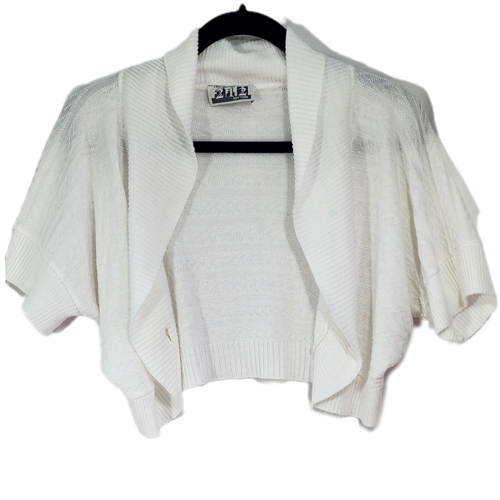212 NEW YORK white Lacey Look Short Sleeve Light Weight Cardigan, size M